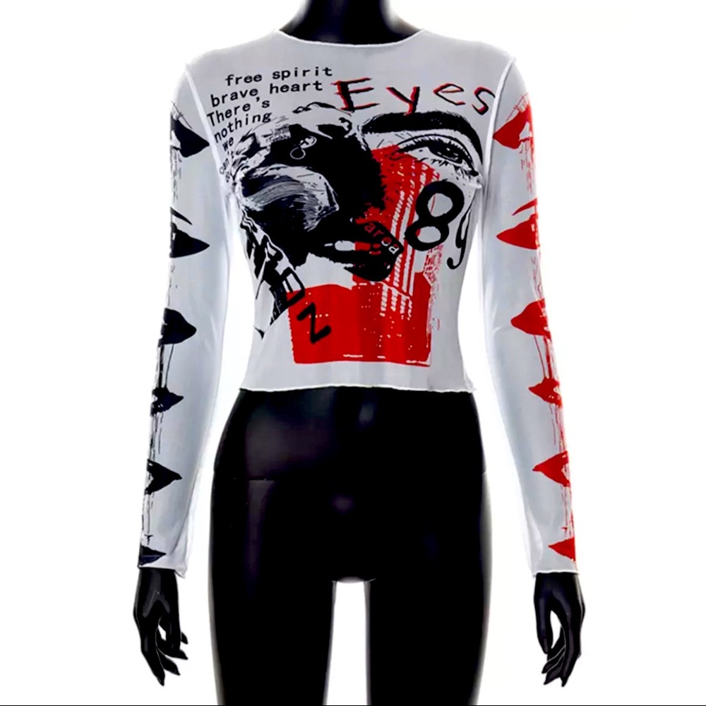 Red & Black Kpop Style Mesh Crop Top